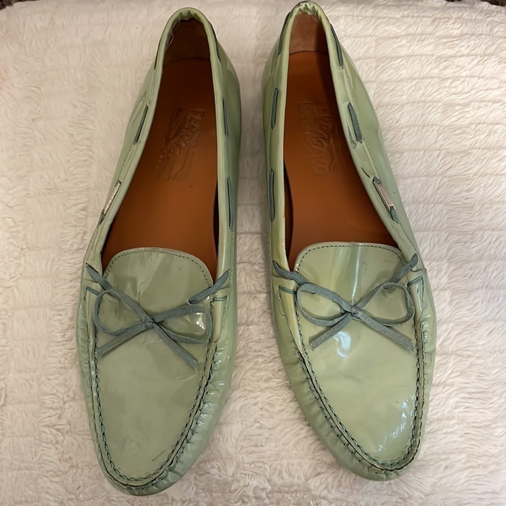 Salvatore Ferragamo Pistachio Green Patten Leather Pointed Toe Bow Loafers